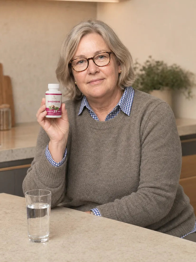 Vrouw van boven de vijftig, uitgerust in de ochtend met Inkoherb