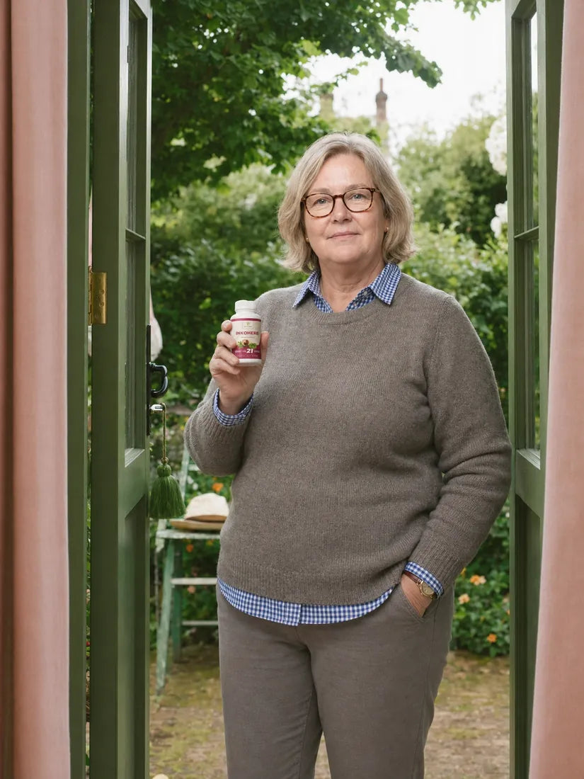 Vrouw van boven de vijftig, ontspannen in de deuropening