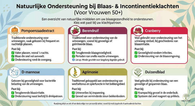 Infographic met supplementen die helpen tegen incontinentie
